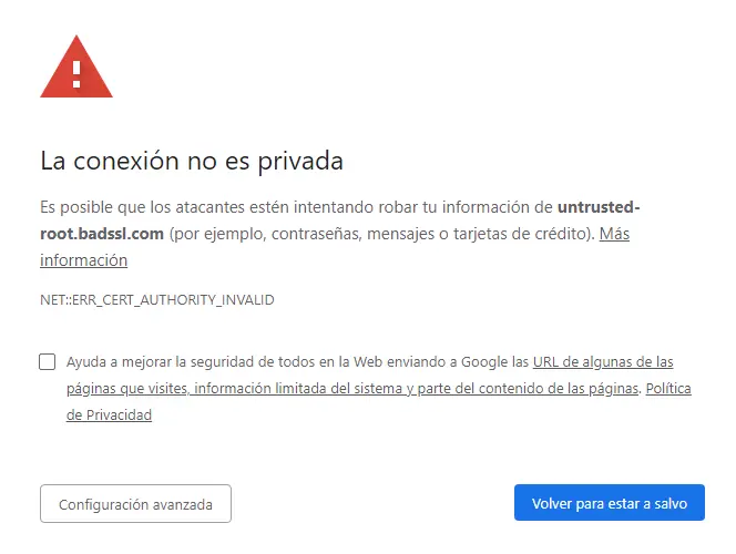 aviso de certificado SSL no fiable en el navegador