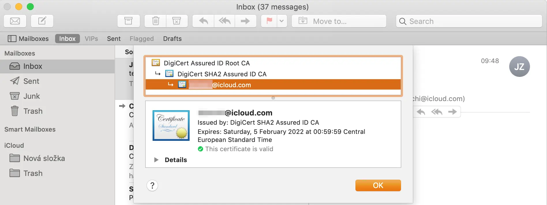 Detalle del certificado en la aplicación Mail