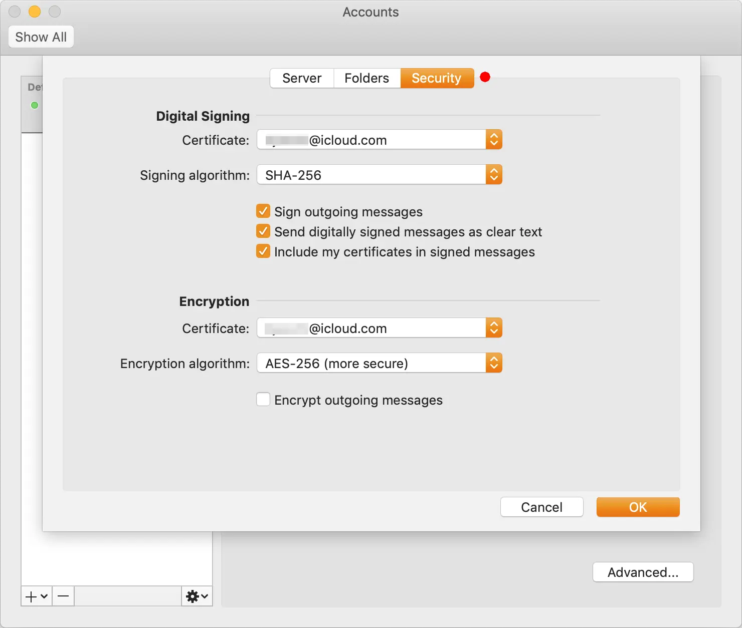 Configuración del certificado para firmar en la aplicación Outlook
