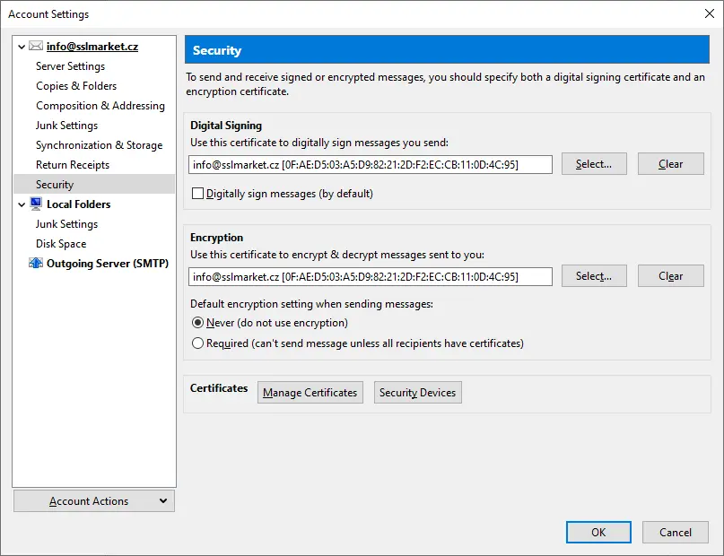 Configuración de un certificado en Thunderbird