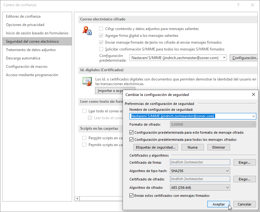 Configuración de Outlook para la firma electrónica 