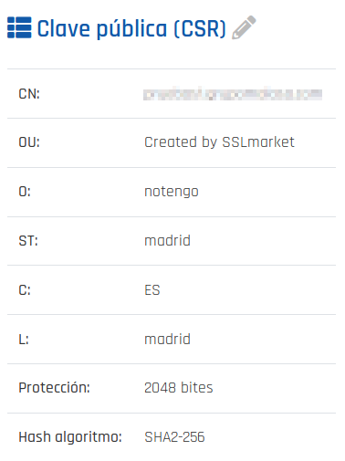 Informaciones de la clave pública proporcionada