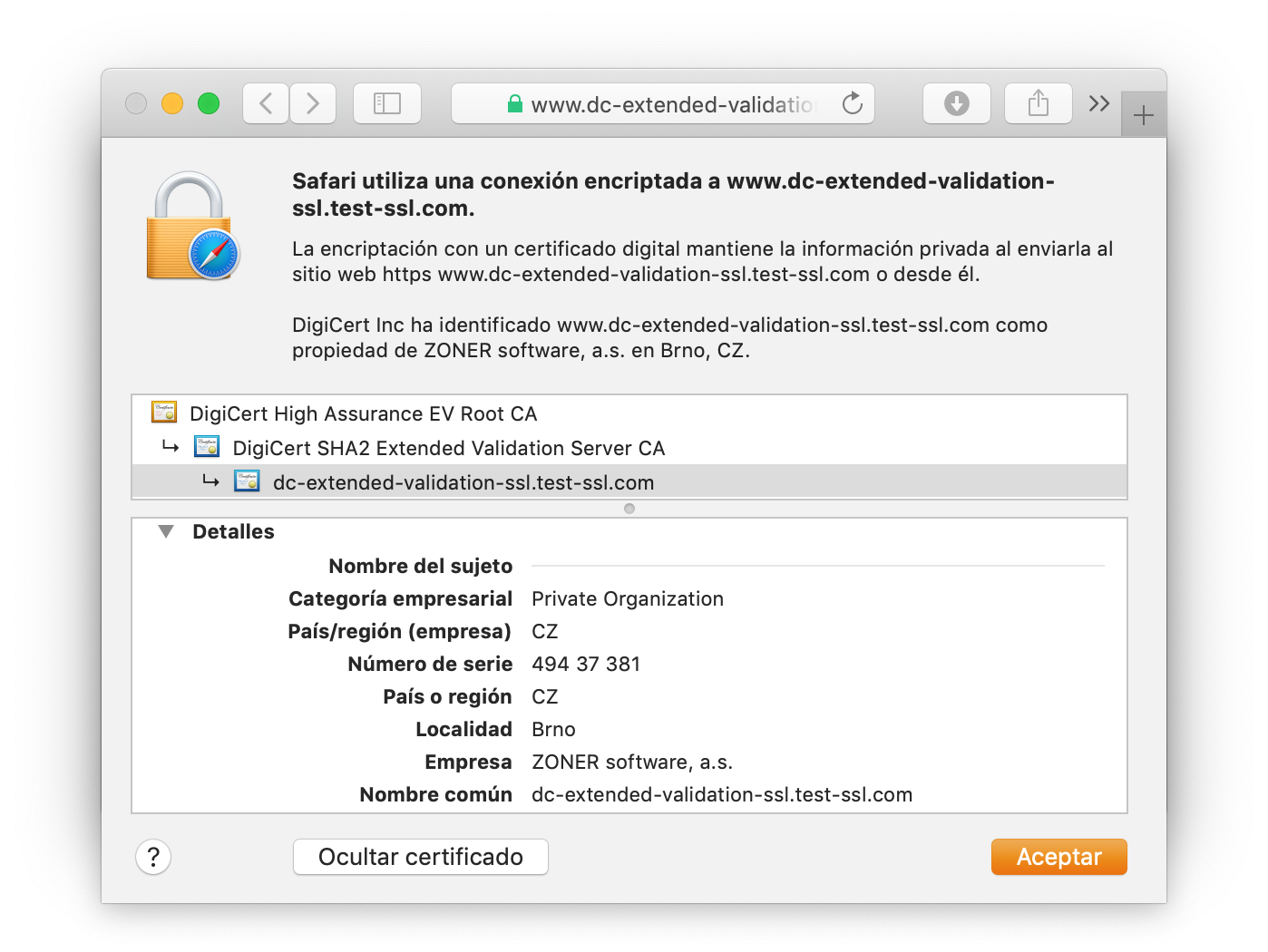 Visualización del certificado DigiCert Extended Validation SSL en el navegador