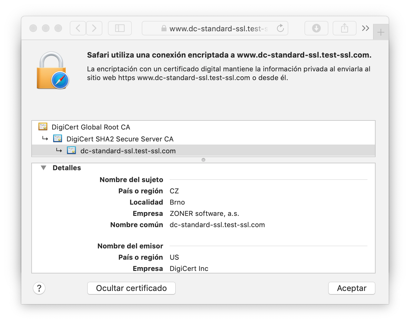 Visualización del certificado DigiCert Standard SSL en el navegador