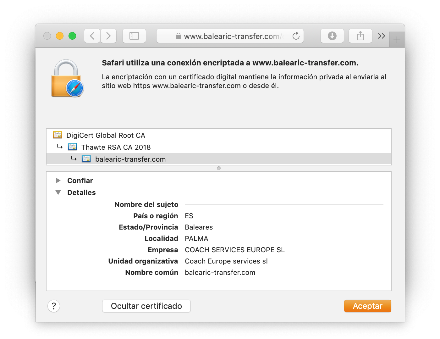 Visualización del certificado Thawte Web Server en el navegador