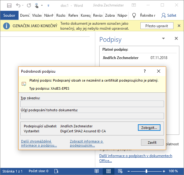 Visualización del certificado DigiCert Document Signing Organization en el cliente