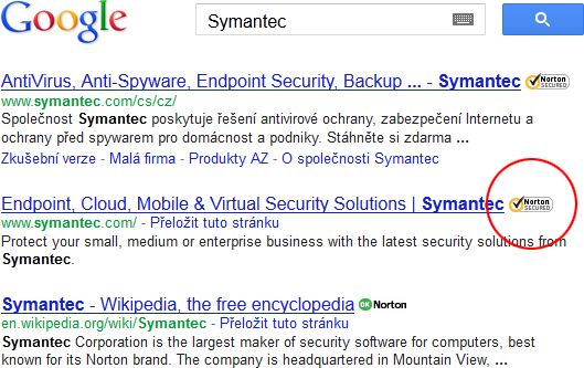 Resultados de búsqueda Google y Symantec Seal-in-Search Resultados de búsqueda Google y Symantec Seal-in-Search