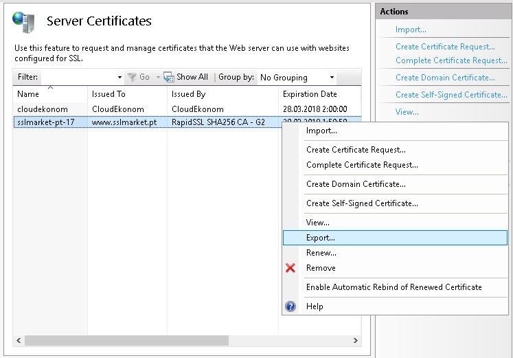 Exportación del certificado SSL desde IIS Exportación del certificado SSL desde IIS