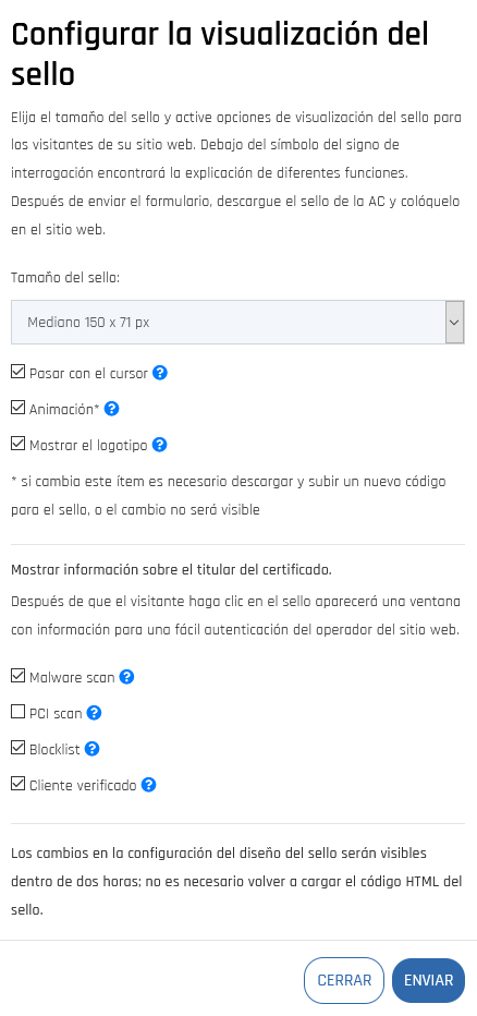 opciones de visualización del sello